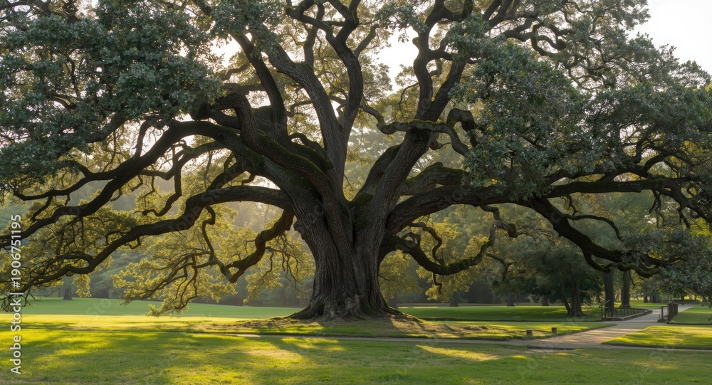 Obraz premium Graceful oak tree with extensive branches basking in early light of natural park with copy space