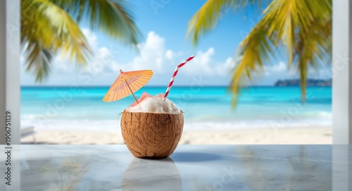 Wallpaper Mural Invigorating coconut drink served with vibrant umbrella and paper straw on marble surface against tropical beach backdrop for holiday advertising Torontodigital.ca