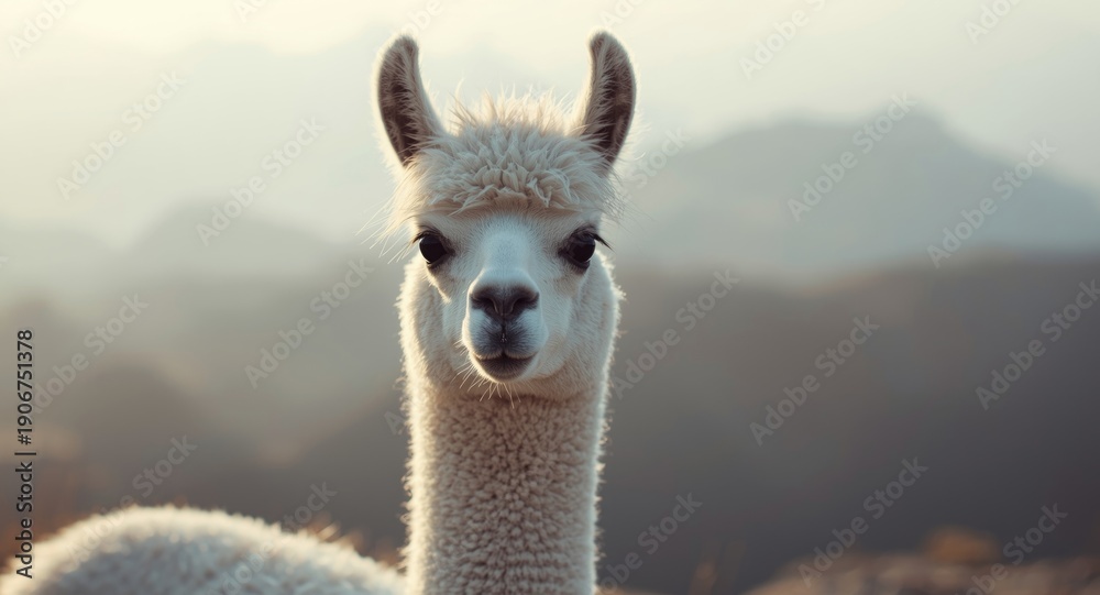 Fototapeta premium Delightful white llama posing with hazy mountain horizon behind