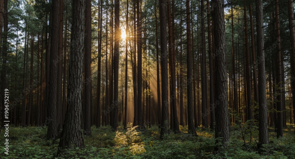 Obraz premium Dappled sunlight filtering through tall pine forest