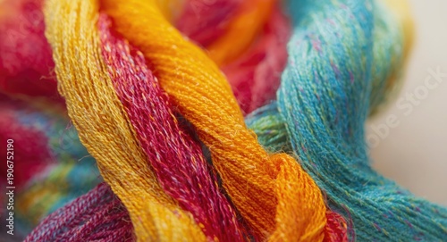 Brightly hued sewing threads arranged in detailed fabric design