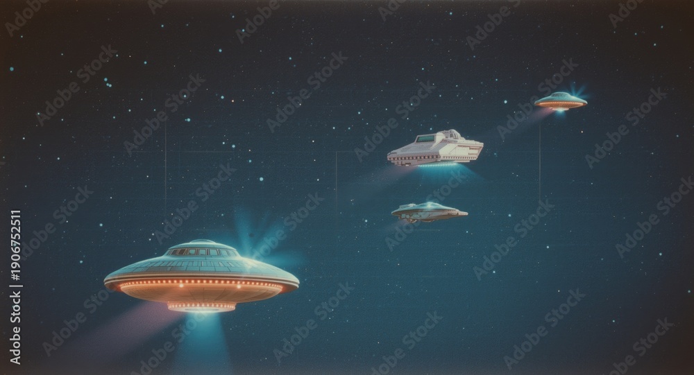 Obraz premium Classic 80s pixelated space theme with flying saucers and starships for vintage style print backgrounds