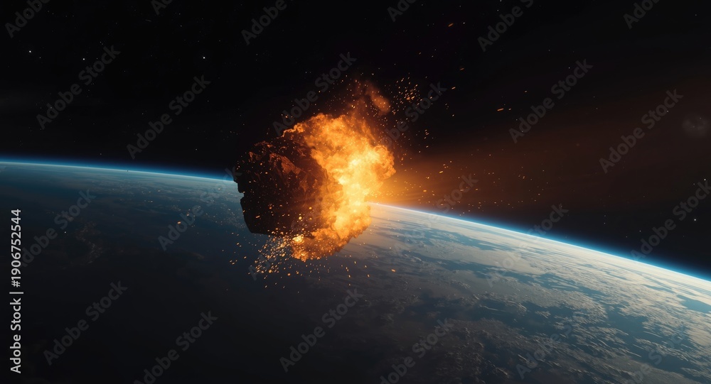 Fototapeta premium Flaming rock from space entering atmosphere close to Earthbound spacecraft
