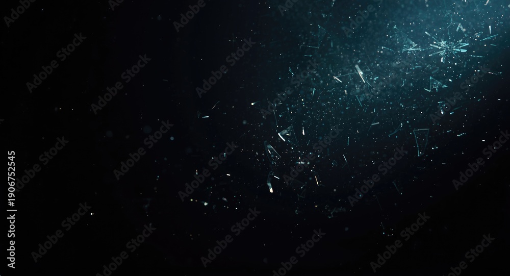 Obraz premium Airborne splinters of shattered glass silhouetted against dark background with copy space