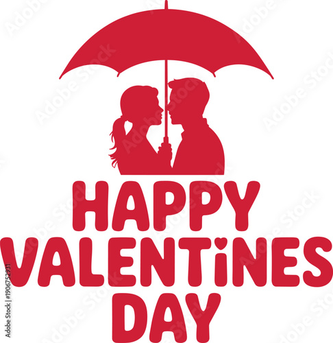 Happy valentines day banner with couple standing under umbrella for rainy day romantic silhouette