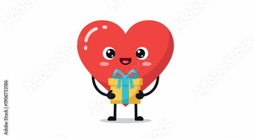 A cheerful heart character mascot holding a gift box with a blue bow on a white background, conveying a joyful mood with cartoon style and bright colors.