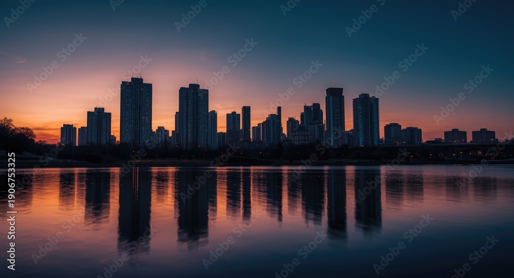 Fototapeta premium Dusk time urban silhouette with lake and high rise buildings