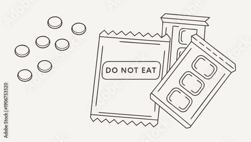 A vector graphic illustration of a warning sign on a packet of pills and blister packs with scattered tablets