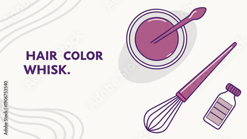 A vector graphic illustration of a hair color whisk with a bowl, whisk, and bottle.