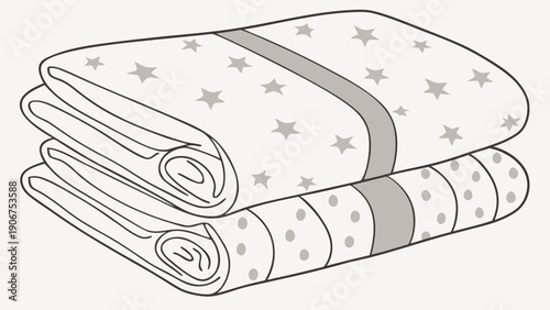 A minimalist vector illustration of folded blankets with star and polka dot patterns