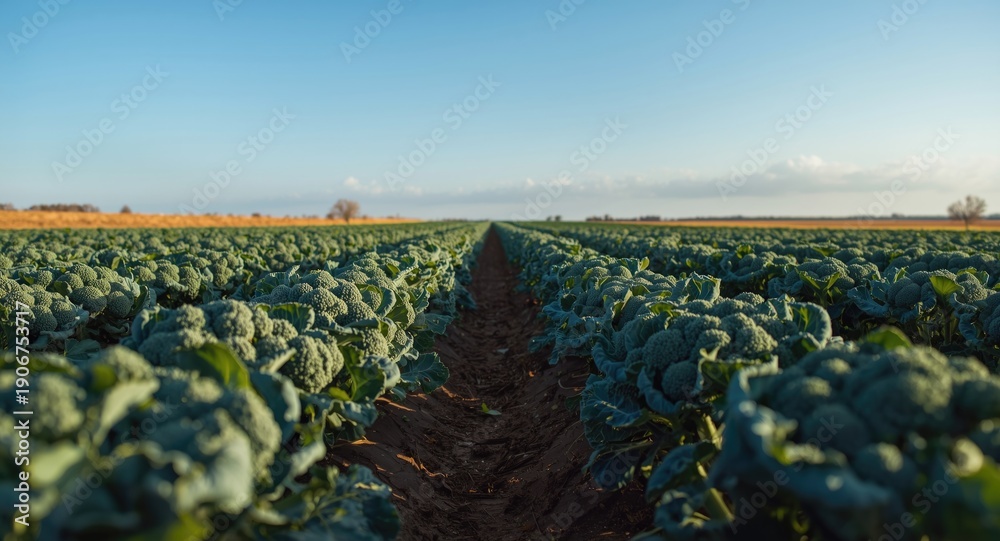 Fototapeta premium Lush green broccoli plants flourishing in an open crop field