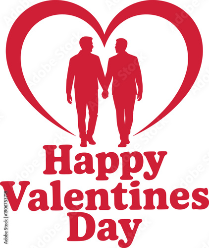 Valentine day greeting with same sex male couple holding hands inside large heart shape silhouette