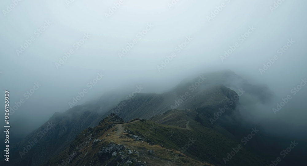 Naklejka premium Fog-enhanced mountain range outlines captured from a trekking trail