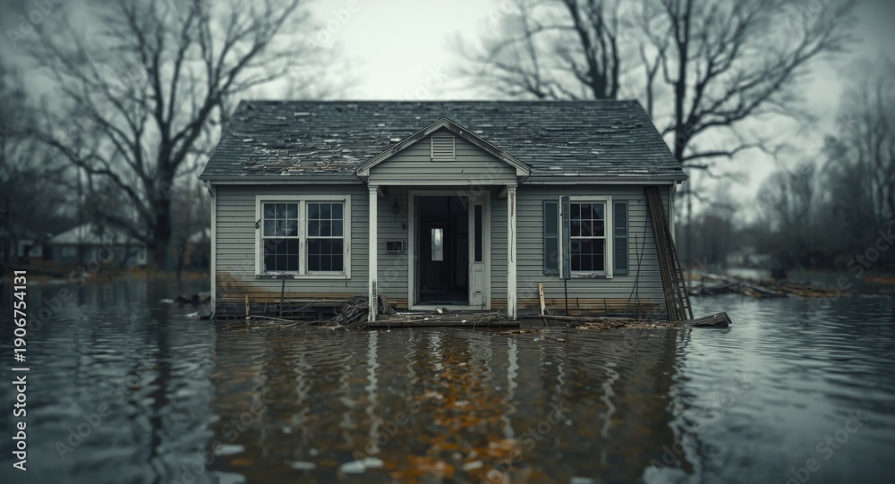 Fototapeta premium House inundated with water reflecting financial distress from disaster events