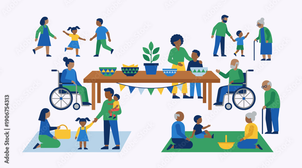 Fototapeta premium Community support and inclusion vector people scene for social care activity flat design isolated on white background