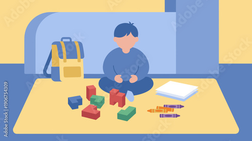 Child learning blocks activity vector people scene for early education play routine flat design