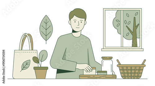 Eco friendly shopping preparation vector person scene for reusable bag jar basket home routine flat design isolated on white background