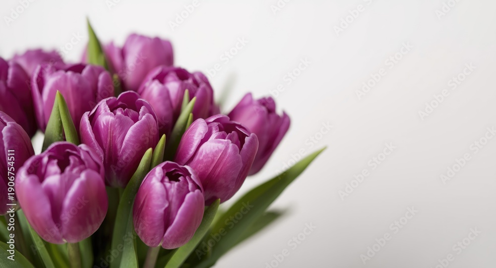 Obraz premium Fresh purple tulips arranged with copy space for creative design