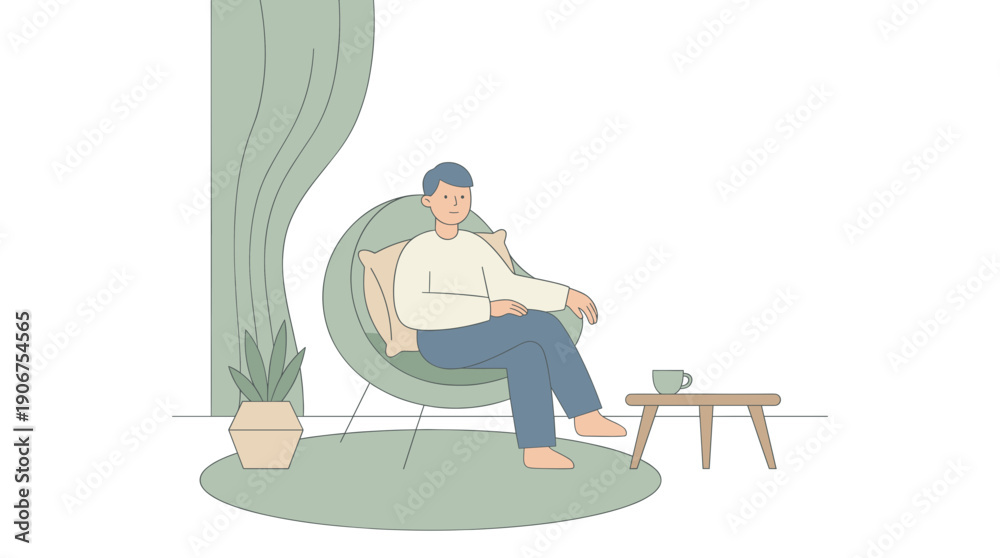 Fototapeta premium Resting person in lounge chair vector scene for quiet tea time home setting flat design isolated on white background