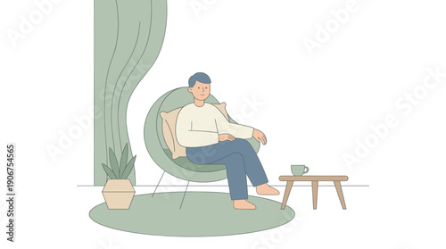 Resting person in lounge chair vector scene for quiet tea time home setting flat design isolated on white background