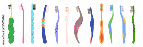Colorful toothbrush and dental tools illustration set