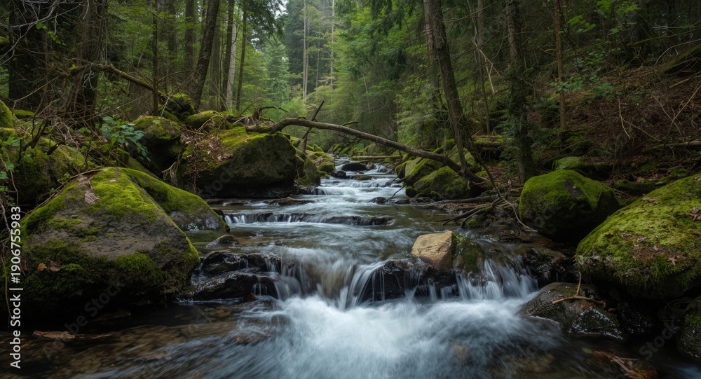 Fototapeta premium Flowing stream within high biodiversity montane forest ecosystem