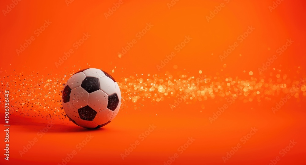 Fototapeta premium Fast traveling soccer ball set on an intense orange backdrop with shimmering bokeh and copy space