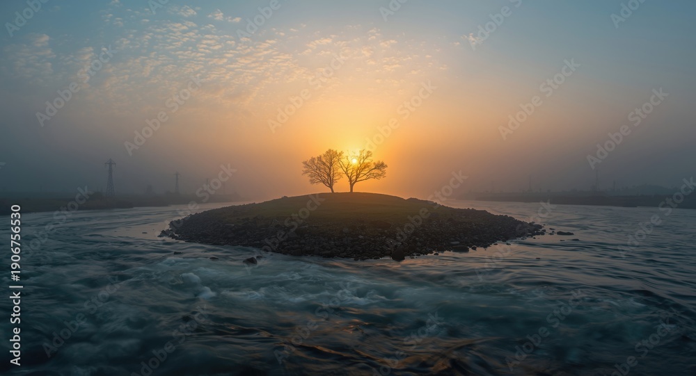 Obraz premium Fresh dawn illuminating a small island with flowing river