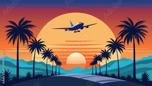 A passenger airplane flies over a tropical road with palm trees during a vivid sunset.
