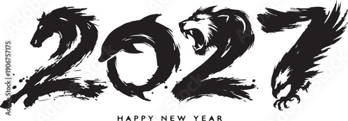 Dynamic black ink brush artwork features animal silhouettes integrated into the digits 2022, conveying energy, luck, and festive spirit for New Year greetings, cards, posters