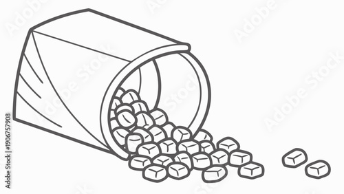 A simple line art illustration of a paper bag spilling sugar cubes on a white background