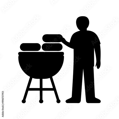 Monochrome silhouette of a person grilling sausages on a barbecue grill