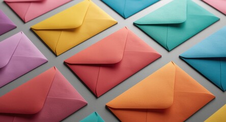 Gradient envelopes in various colors arranged on a neutral grey matte background for business logos