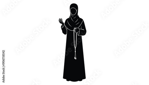 Islamic Devotion Concept: Silhouette of a Woman in an Abaya Holding Prayer Beads Symbolizing Faith and Connection to the Divine