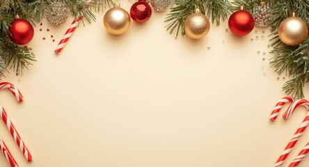 Cheerful holiday greeting bordered by candy canes and hanging baubles