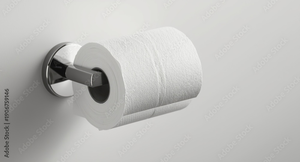 Obraz premium Bathroom tissue partially unwound on a silver metal holder close perspective