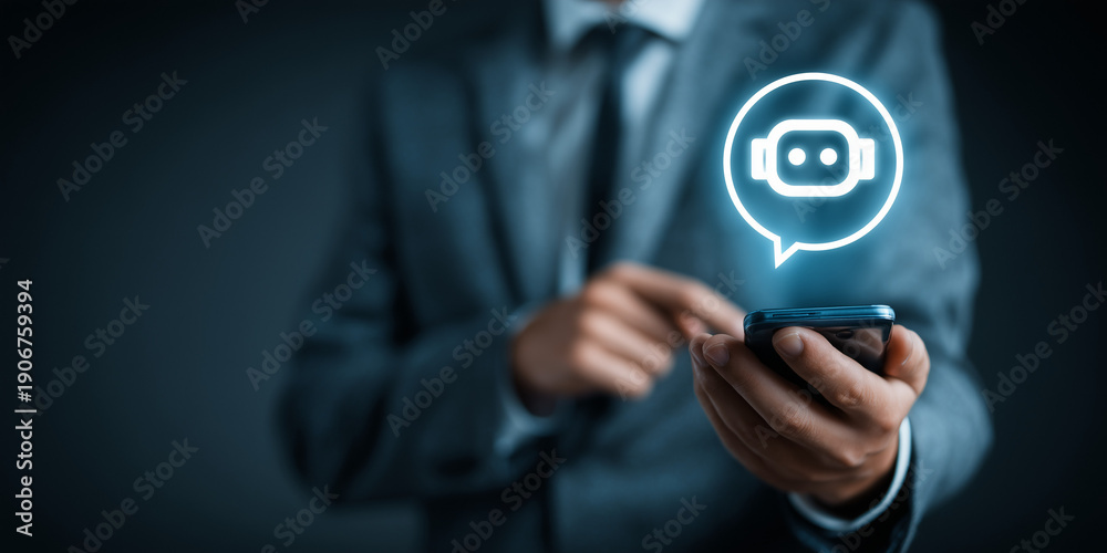 Fototapeta premium Businessman using mobile phone with virtual chatbot AI assistant icon