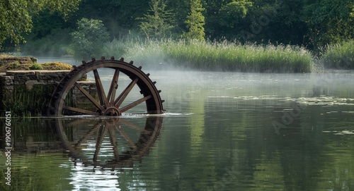 Industrial water treatment oxygenation with metal mill wheel in pond copy space