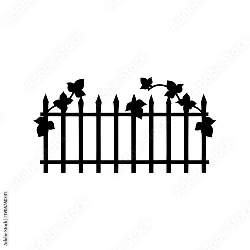 silhouette illustration of a pointed picket fence with foliage detail