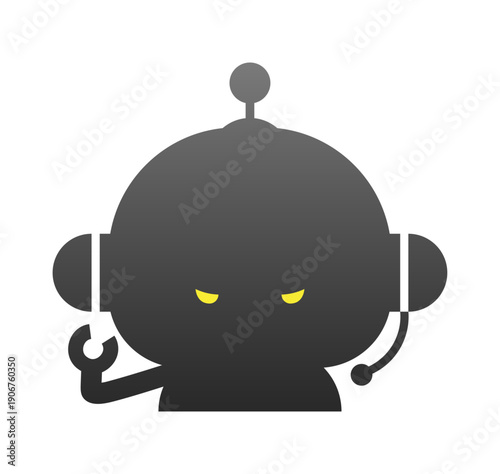 怖い顔で睨むヘッドセット装着ロボットのアイコン - AIやコンピュータのバグ･サイバー犯罪のイラスト