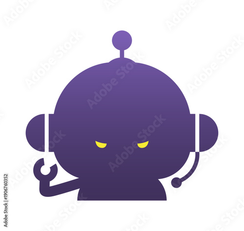 怖い顔で睨むヘッドセット装着ロボットのアイコン - AIやコンピュータのバグ･サイバー犯罪のイラスト