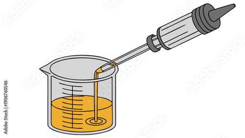 A vector graphic illustration of a dropper pouring liquid into a beaker