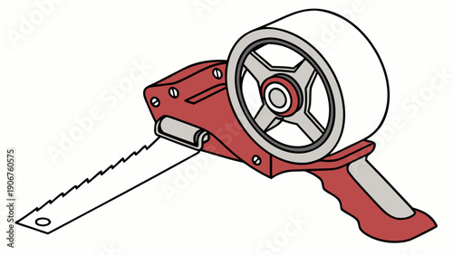 A red and silver tape dispenser with a serrated blade on a white background