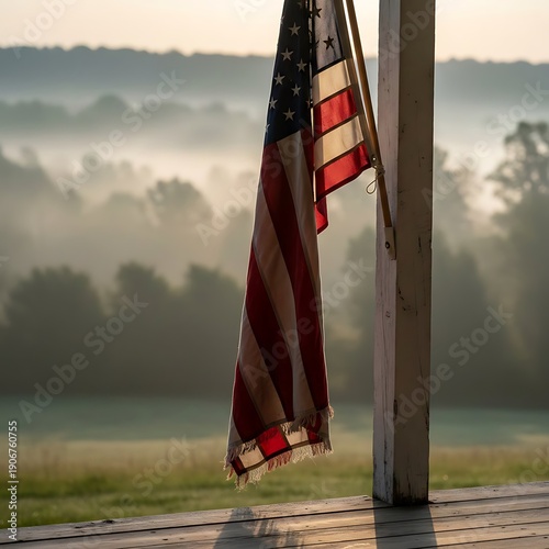 Frayed american flag hanging from a wooden porch post at sunrise with a foggy landscape background