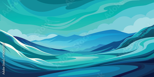 An abstract, flowing landscape illustration with layered wavy shapes in blue and turquoise.

