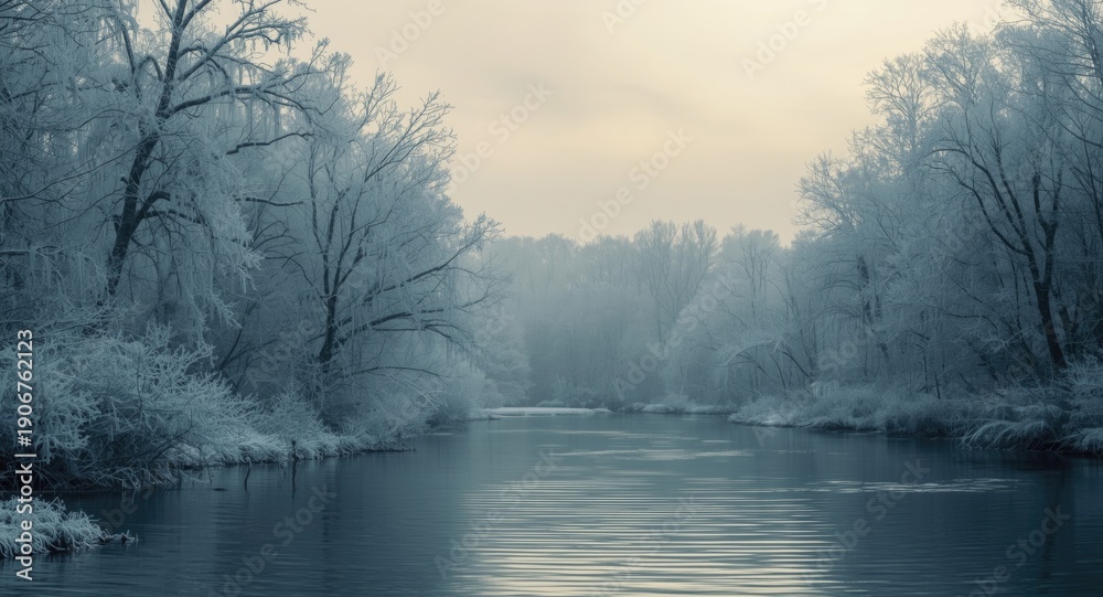 Fototapeta premium A placid snow covered forest crossed by a calm river with frost coated branches under a cloudy sky