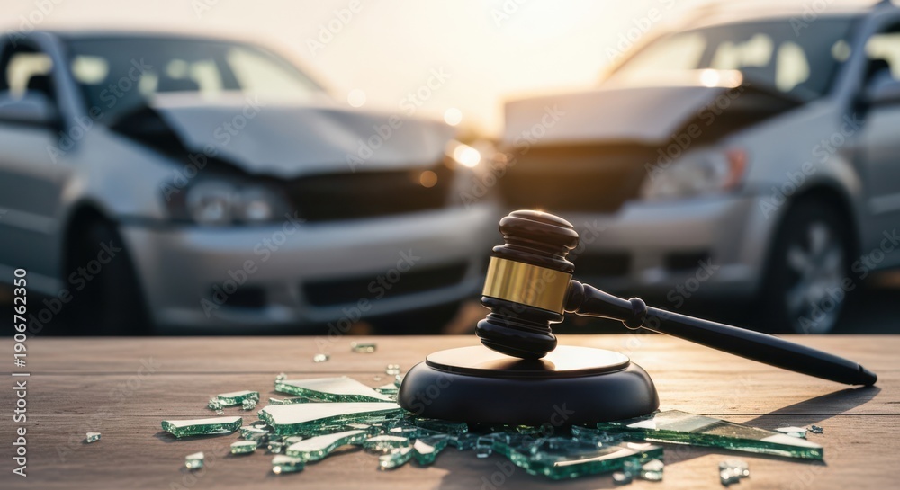 Fototapeta premium Car accident legal gavel and broken glass