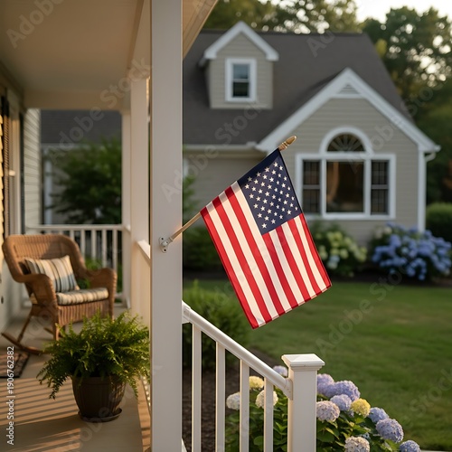 American flag waving on a house porch with flowers and green lawn symbolizing patriotism and serenity in a suburban home setting