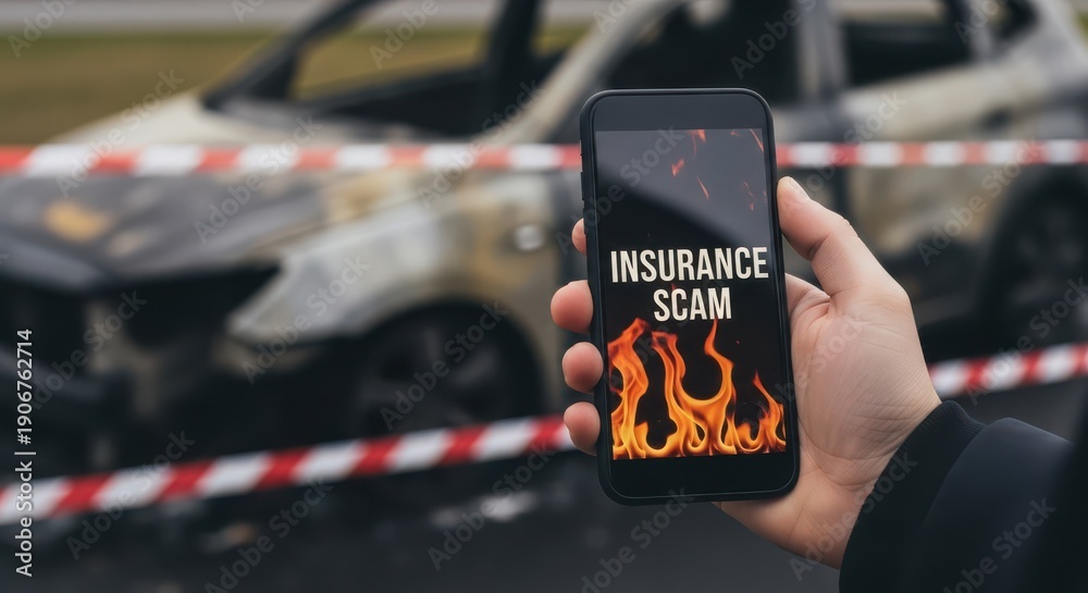 Obraz premium Hand Holding Smartphone Showing Insurance Scam Near Burned Car