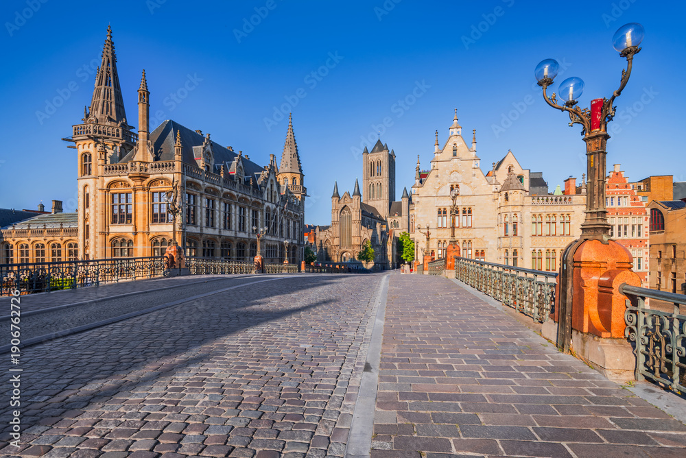 Naklejka premium Gent, Belgium, Saint Michael Bridge, River Leie, historical Flanders.
